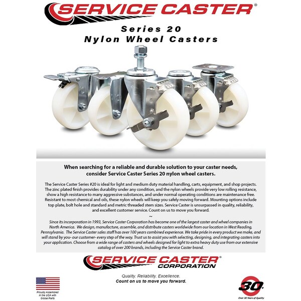 Service Caster 4'' Nylon Wheel Swivel 1-1/8'' Expanding Stem Caster Set 2 Brakes, 4PK SCC-EX20S414-NYS-2-TLB-2-118 - main